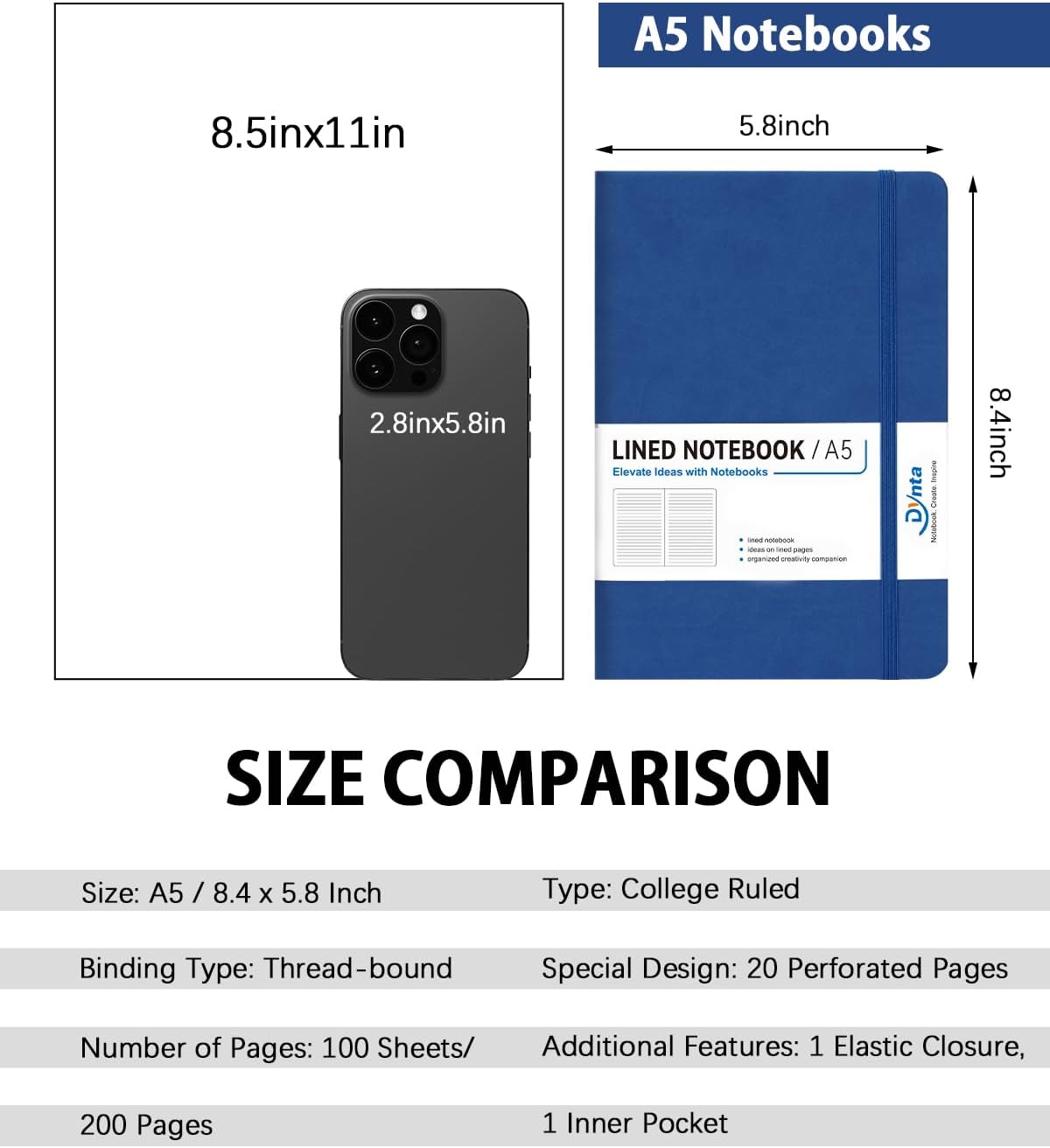 Dynta Hardcover Journal Notebooks, 10 Packs A5 Lined Journals Bulk for Writing 200 Pages/100Sheets, 8.4 x 5.8 inch, 10 Colors Classic Ruled Notebook for Work/Travel/College/Note Taking