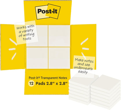 Post-it Transparent Notes, 2.8 in. x 2.8 in., Blue, Pink, Green and Orange Sticky Notes, School Supplies, Office Products, Great for Studying, 8 Pads