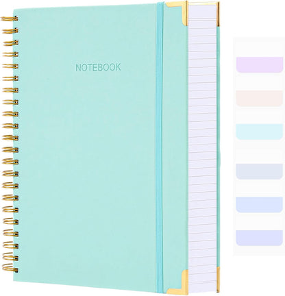 Spiral Notebook, College Ruled Notebook Journal, 7” x 10”, 300 Pages Leather Writing Journal for Women Men, B5 Hardcover Notebook for Work School, 24pcs Index Tabs, Light Blue