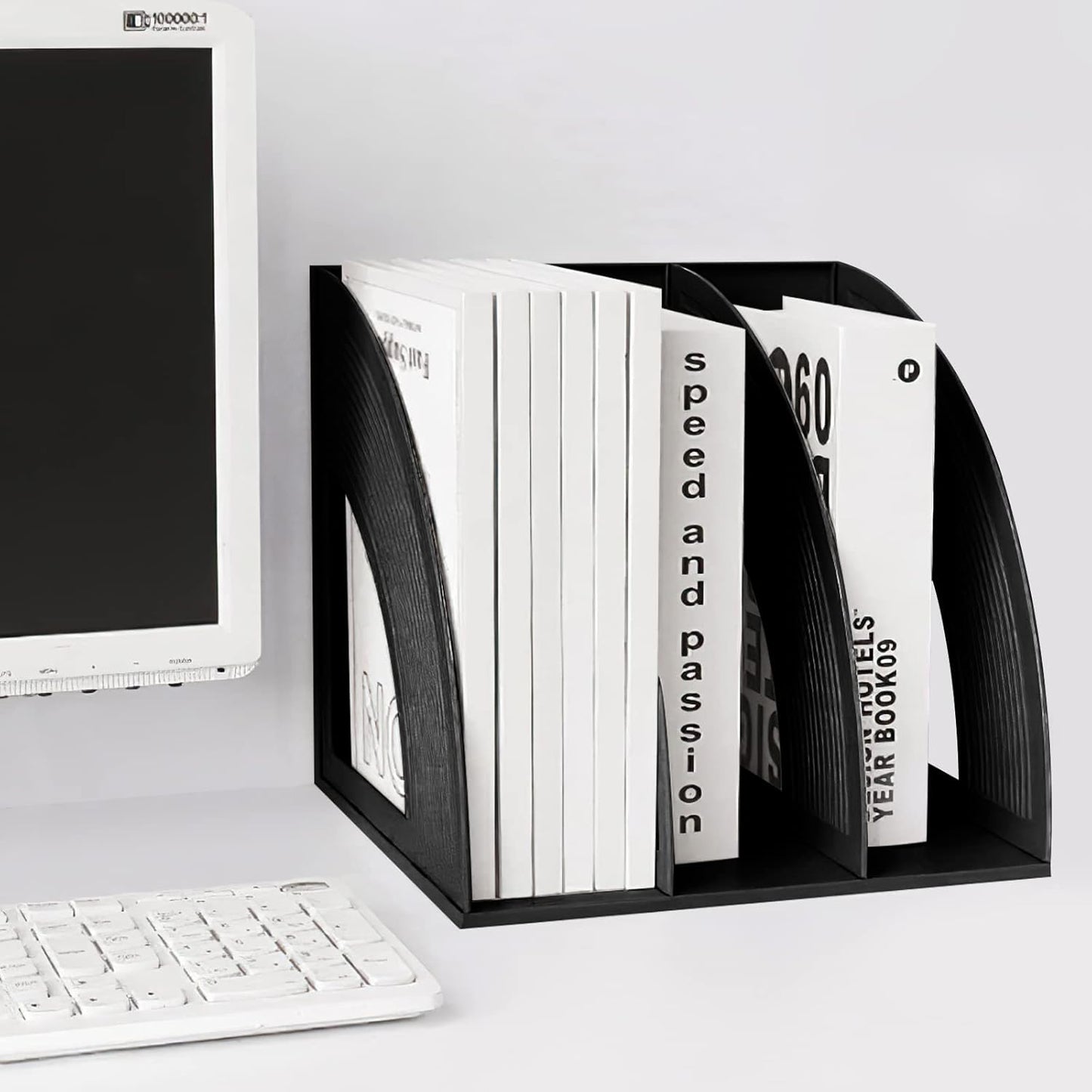 SAYEEC 2Pcs Magazine Holder Plastic File Sorter Binder Holder for Desk Folder Organizer Stand Book Shelf Dividers Vertical Filling Storage Rack Desktop Bookshelf Display Box for Office School (Black)