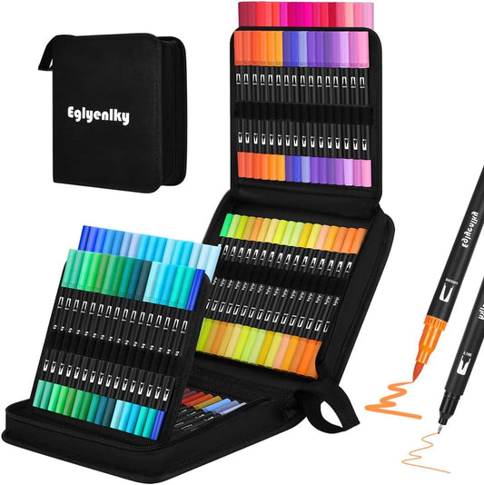 Eglyenlky Dual Brush Pens, Markers Adult Coloring Book,100 Colors Art Pens with Fine Point Markers and Brush Tip for Adult Kids Drawing (Black Set)