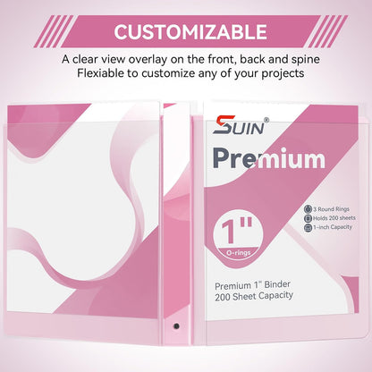 SUIN 1 Inch 3 Ring Binder, Clear 1'' View Presentation Binders with 2 Pockets, Fits 8.5 x 11 Letter Size, Durable Polypropylene, Non-Stick & PVC-Free for School, Office & Home (Orange)