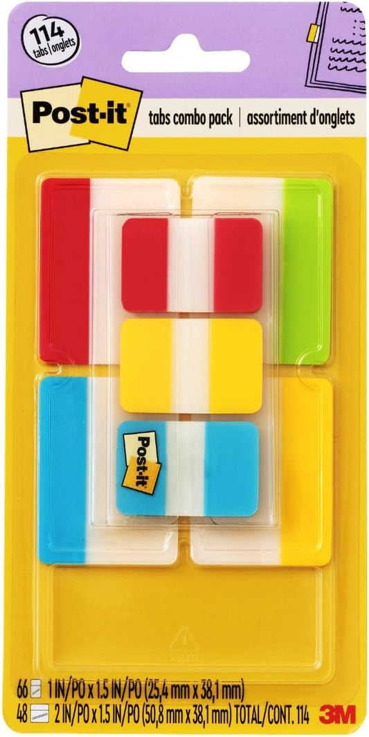 Post-it® Tabs Value Pack, Assorted Primary Colors, 1 in. and 2 in. Sizes, 114 Tabs/Pack