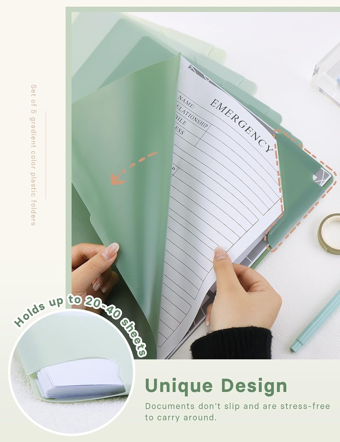 Plastic Folders Sleeves, Gradient Colors Plastic Project Pockets for Paper 11.9 × 8.5 Inches, Transparent Document Folders for School and Office Supplies (5 Pcs, Green)