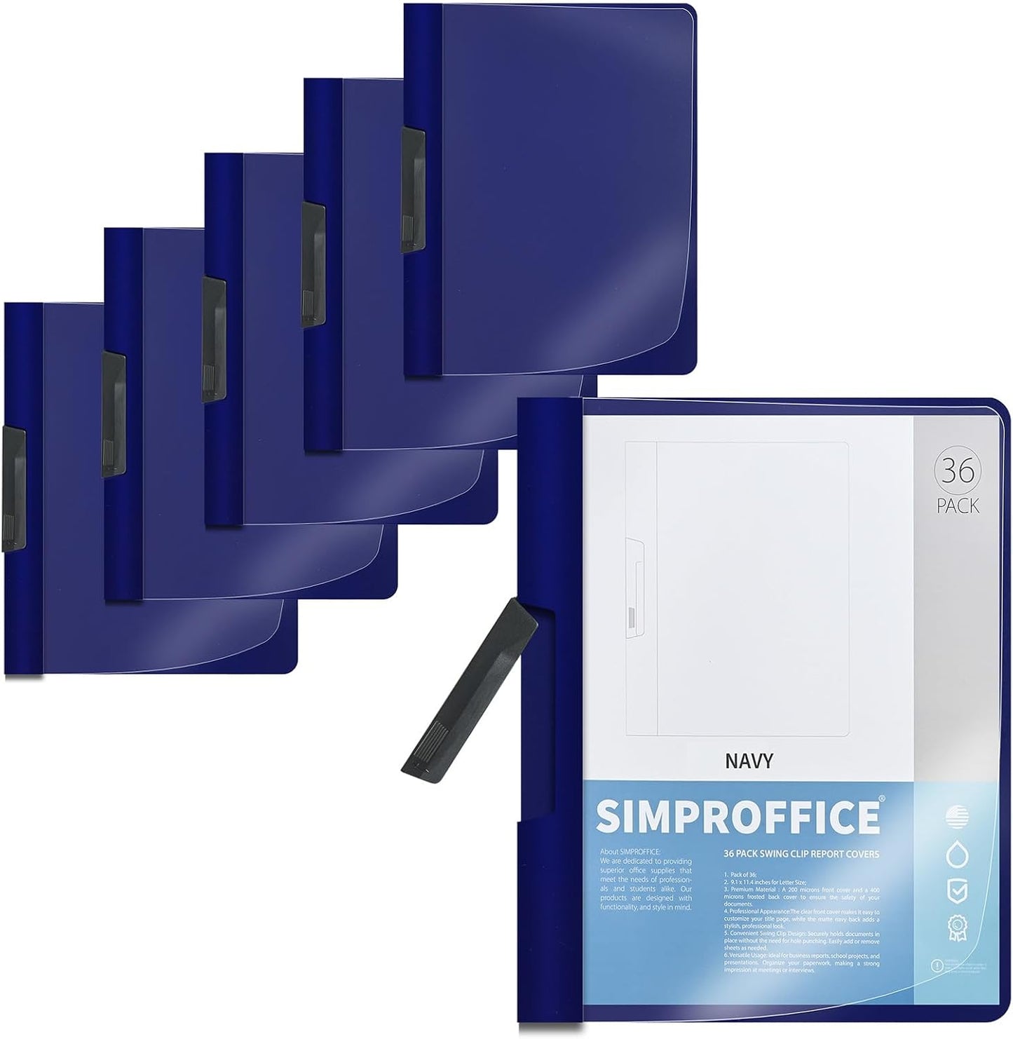 36 Pack Swing Clip Report Covers, Plastic Presentation Folders with Clip for Professional Use, Clear Front and Navy Blue Frosted Back, 9 x 11.4 Inches for Letter Size