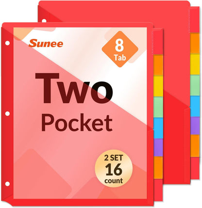 SUNEE 8 Tab Dividers with Pockets, Plastic Dividers for 3 Ring Binder, Subject Dividers with 2 Pockets, Binder Dividers for School Office Home Supplies, Multicolor, 1 Set