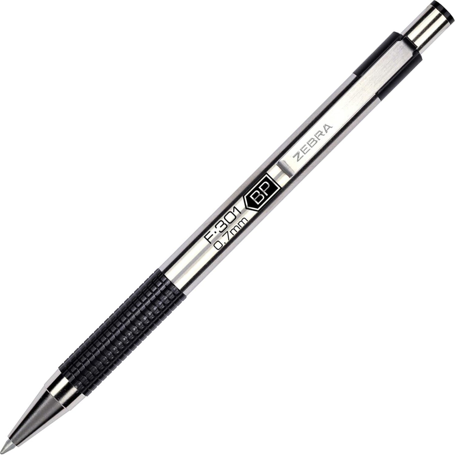 Zebra Pen F-301 Ballpoint Black, Blue, Red and Green Ink, Fine Point 0.7mm Pen, Easy-Glide Ink, Stainless Steel Retractable, Non-Slip Grip, Professional Design, Ideal for Office, 4-Pack (27174)