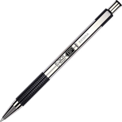 Zebra Pen F-301 Ballpoint Black, Blue, Red and Green Ink, Fine Point 0.7mm Pen, Easy-Glide Ink, Stainless Steel Retractable, Non-Slip Grip, Professional Design, Ideal for Office, 4-Pack (27174)