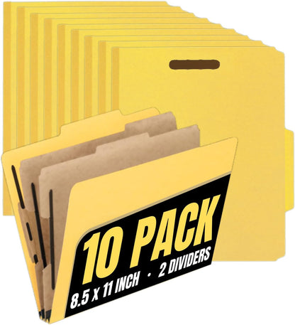 1InTheOffice Classification Folders, 2 Dividers, Pressboard, Letter Size, 6 Fasteners, Yellow, 10 Pack