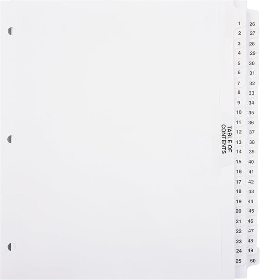 Exhibitindexes® Numbered Dividers 1-50 Punched - AVE Style Bold Tabs - Side Collated Exhibit Tabs - Made in The USA | Letter Size - 1-50 - Sets