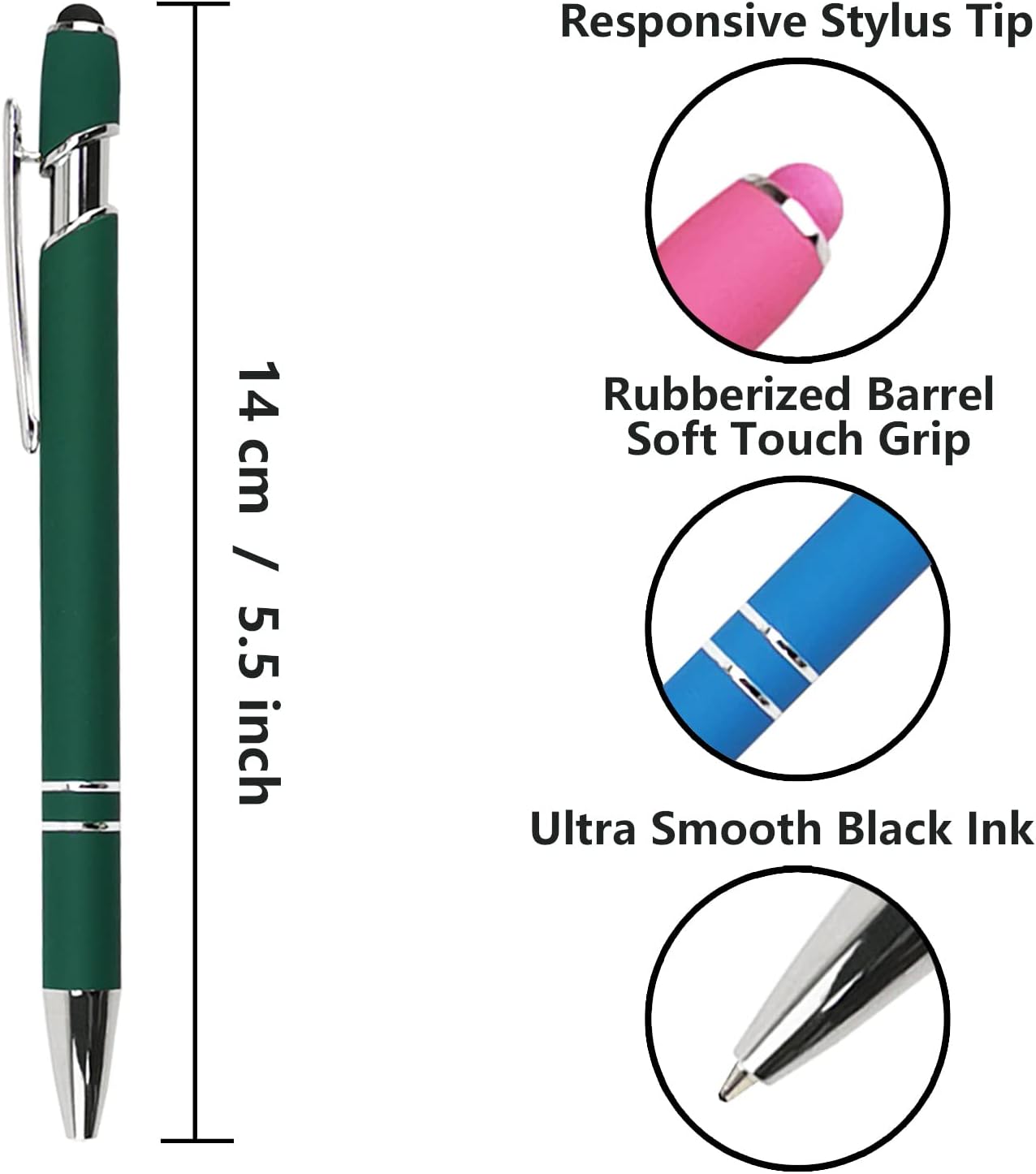 Oddmoal Ballpoint Pen with Stylus Tip, Soft Touch Click Metal Pen, 1.0mm Medium Point, Black Ink, 12 Count(Black)