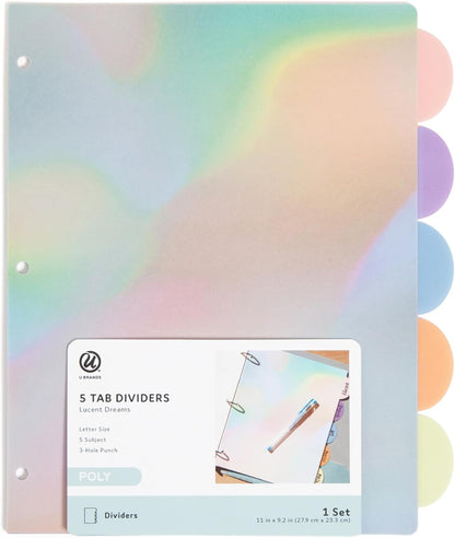 U Brands 5 Tab Poly Plastic Binder Dividers for 3 Ring Binder, 11" x 9.2", Lucent Dreams Pastels, Letter Size, Office Supplies