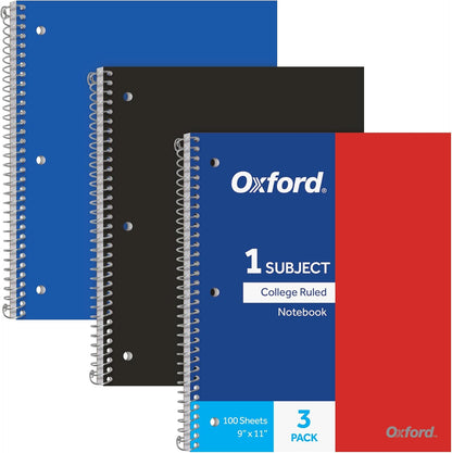 Oxford Spiral Notebooks, 1 Subject, College Ruled Paper, Durable Plastic Cover, 100 Sheets, Durable Divider Pocket, 3-Hole Punch, 3 Pack, Red, Black and Blue (10390)