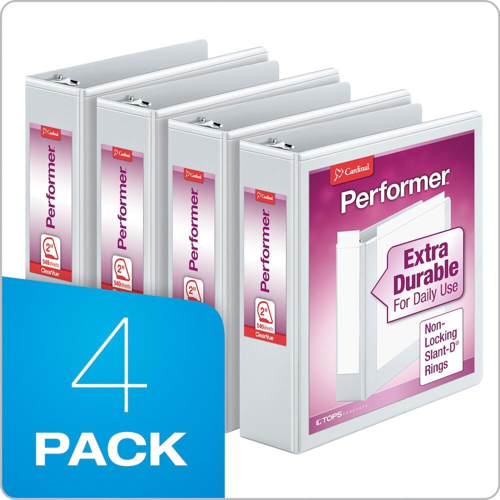 Cardinal Performer 3-Ring Binders, 3", Non-Locking Slant-D Rings, 725-Sheet Capacity, ClearVue Presentation, Non-Stick, PVC-Free, White, 4-Pack (27600)