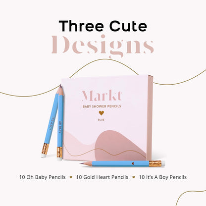 Markt Mini Pencils For Baby Shower Games Boy, Heart Pencils, Small Blue Pencil Set (Wood Pencil Set)