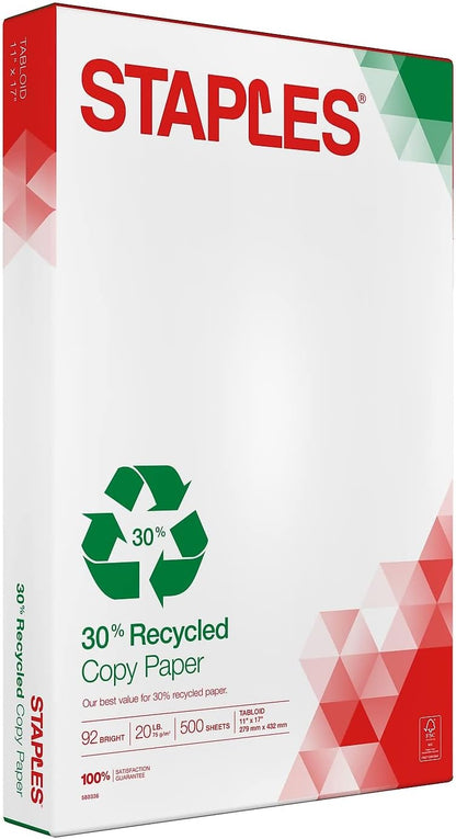 Staples 30% Recycled 11x17 Paper 20 lbs 92 Bright 500/Ream, For Office, School & Home