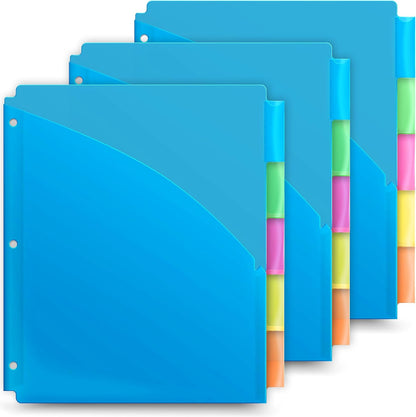 Dunwell 5-Tab Dividers with Pocket for 3-Ring Binders (3 Sets, 15 Count), Plastic One Pocket Dividers with Tabs, Slash File Jackets 3 Hole Punched for 8.5x11 Paper, Poly Pocket Notebook Dividers
