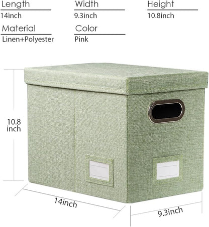 PRANDOM File Organizer Box - Collapsible Decorative Linen Filing Storage with Lids for Letter Size - Grey (14x9.3x10.8 inch)