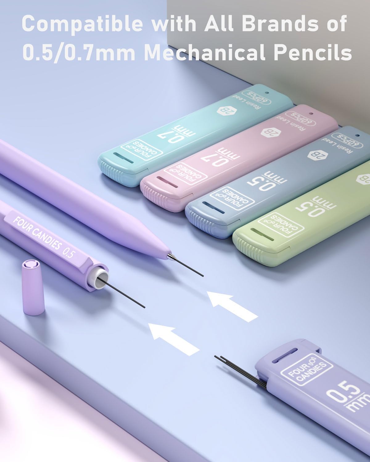 Four Candies 0.5/0.7mm 2B Lead Refills in Case, Pack of 720 PCS Black Break Resistant Mechanical Pencil Refills, 12 Tubes (6 of Each Size), 60 Pieces per Tube