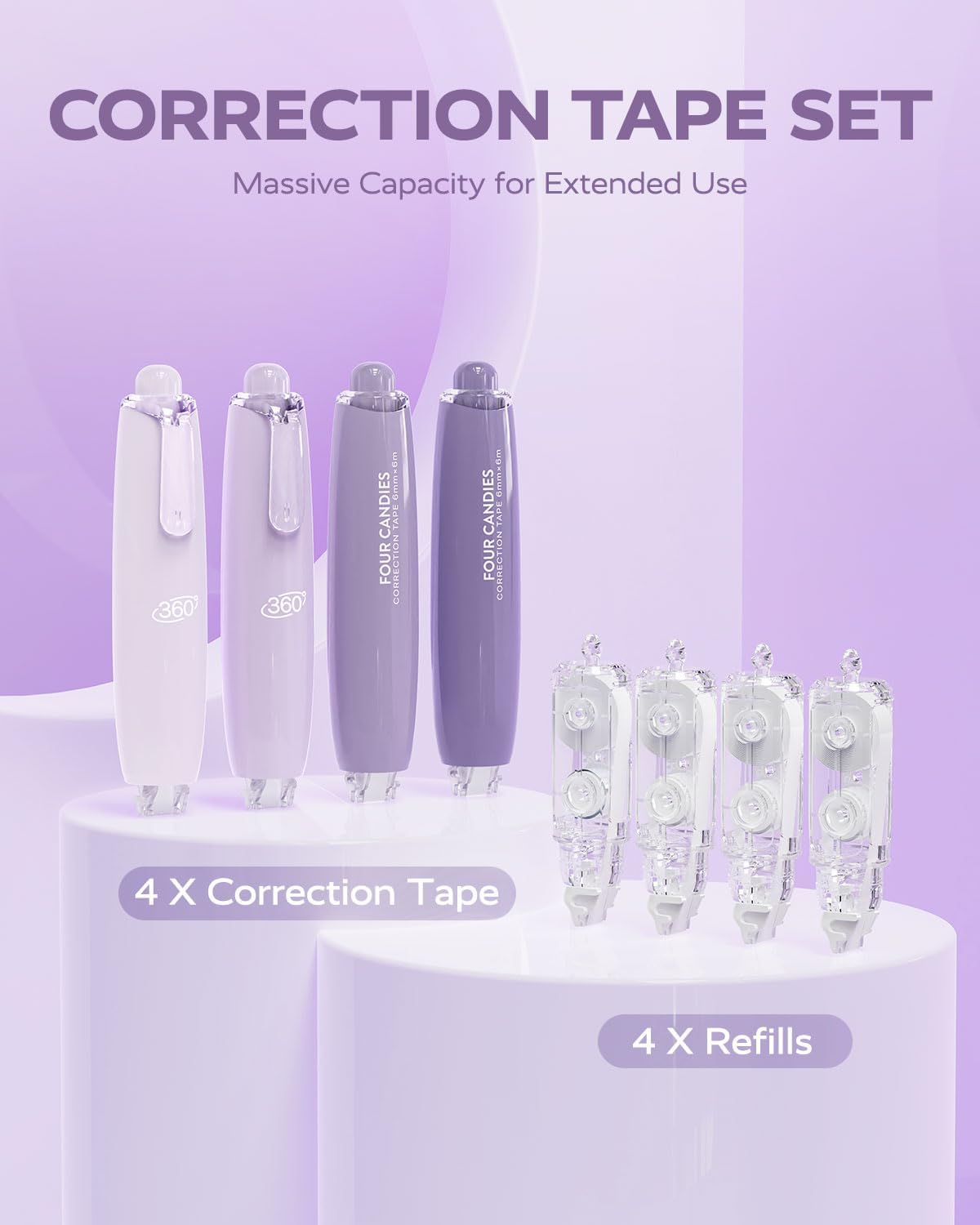 Four Candies Refillable Retractable White Correction Tape, 4PCS Smooth White Pull-Out Tape with 4 Extra Refills, Easy to Use Applicator for Instant Corrections for Office, School Supplies (Purple)