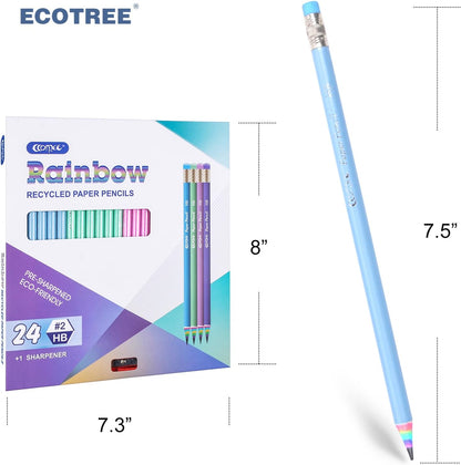 ECOTREE Pre-Sharpened Pencils #2 Cute Number 2 Pencils with Erasers for Kids Eco Rainbow Paper Pencil for School, Writing, 12 Count