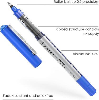 ARTEZA Rollerball Pens, 20 Pack Black Roller Ball Pens, 0.5 mm Needle Point Extra Fine Tip, Quick-Dry Fade-Resistant Liquid Ink for Note-Taking, Bullet Journals, Planners, and Office Use