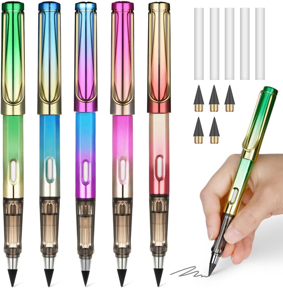 Ainiv Inkless Pencil with Eraser - 5 Sets Infinity Pencil, Reusable with Extra 5 Eraser & 5 Replaceable Nibs for Home, Office & School Writing, Drawing