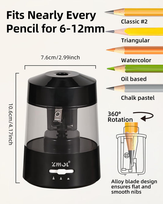 ZMOL Electric Pencil Sharpener Battery Operated Power Kids for Colored & Jumbo Pencils No.2/(6-12mm) - Safe & Easy Use Plug in Portable with (AC Adapter,USB, Battery) for Classroom/Office/Home Pink