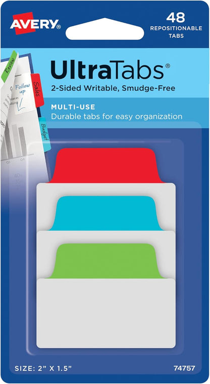 Avery Multiuse Ultra Tabs, 2" x 1.5", 2-Side Writable, Assorted Pastel Dots, 24 Repositionable Tabs (74773)