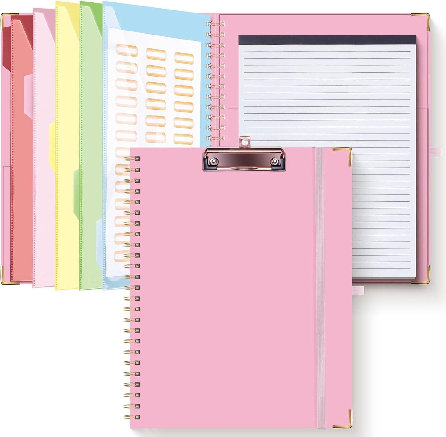 HAUTOCO Clipboard Folio with Refillable Notepad for Letter Size (11" x 8.5"), 5 Dividers with 10 Pockets, Elastic Pen Holder and File Folder Labels, Spiral Nurse Clipboard Artboard(Green)