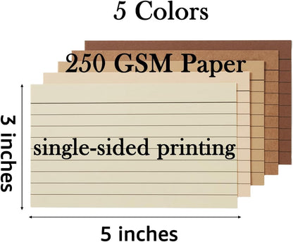 100 Sheets 3x5 Colored Ruled Note Cards Index Cards, 250 GSM Heavy Flashcards, 5 Brown