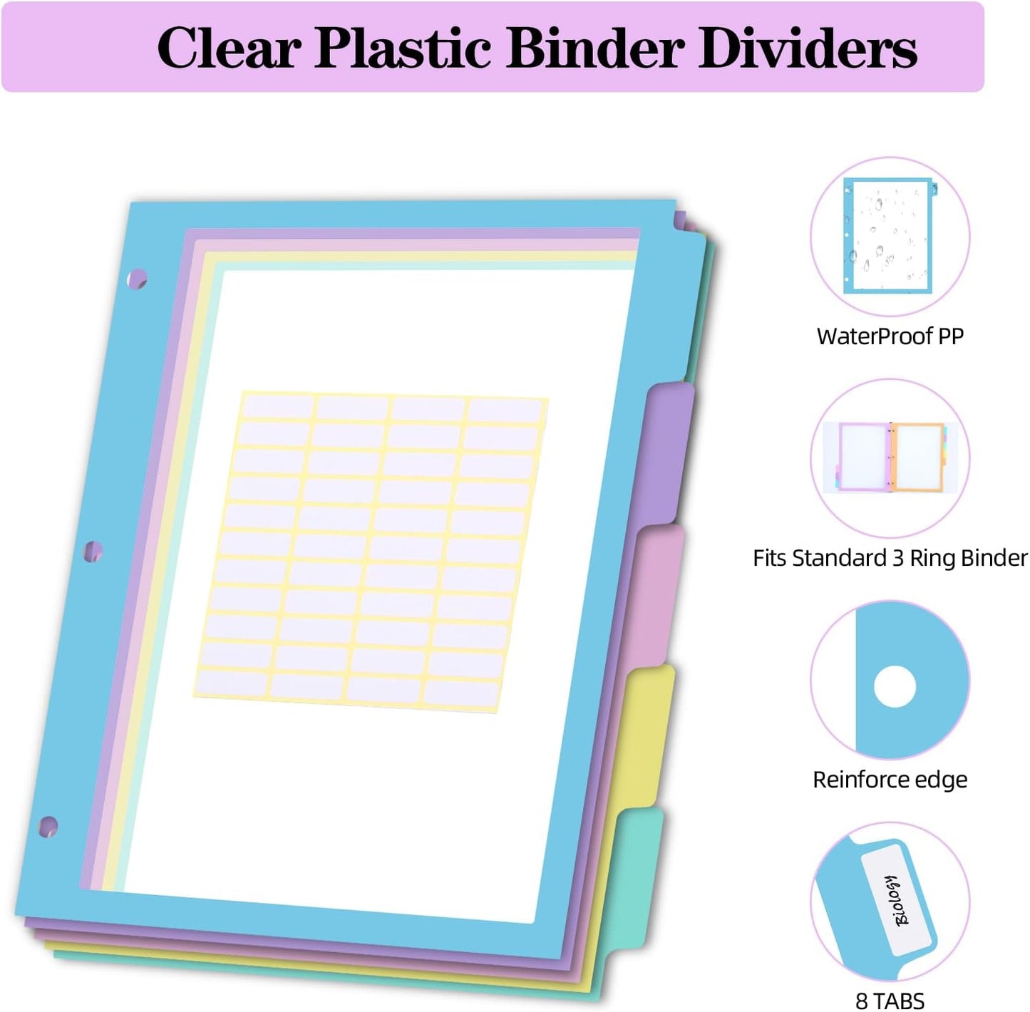 16Pcs/2 Set 8 Tab Dividers, Clear Plastic Binder Dividers with Tabs, for 3 Ring Binder, Letter Size, Multicolor