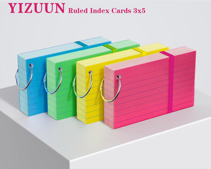YIZUUN Index Cards 3x5, Flash Cards with Ring, 200 PCS, Ruled Note Cards, Flash Cards for Studying, 4 Packs of 50 sheets, 3x5 Note Cards for Office, Home, School