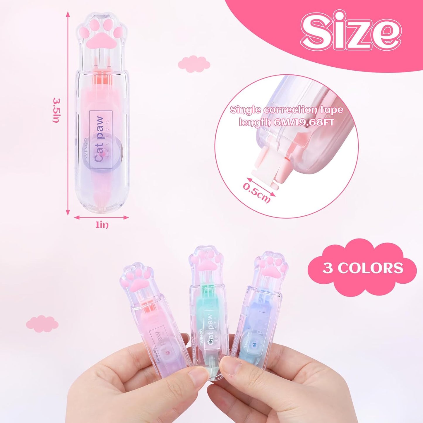 3 Pack White Out Correction Tape, Cute Mini Correction Tape, Kawaii Cat Paw White Out Tape for Cat Lovers Students and School Office Supplies