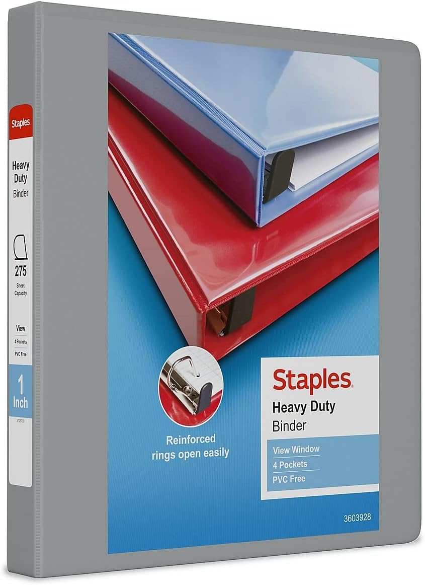 Staples Heavy-Duty 2-Inch D-Ring View Binder, Reinforced Spine, Holds Up to 450 Sheets, Gray, for Office & School