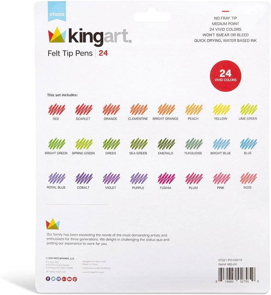 KINGART FELT TIP PEN MARKERS, Medium Point, Bright Colors, For Writing, Journaling, Note Taking, Set of 24