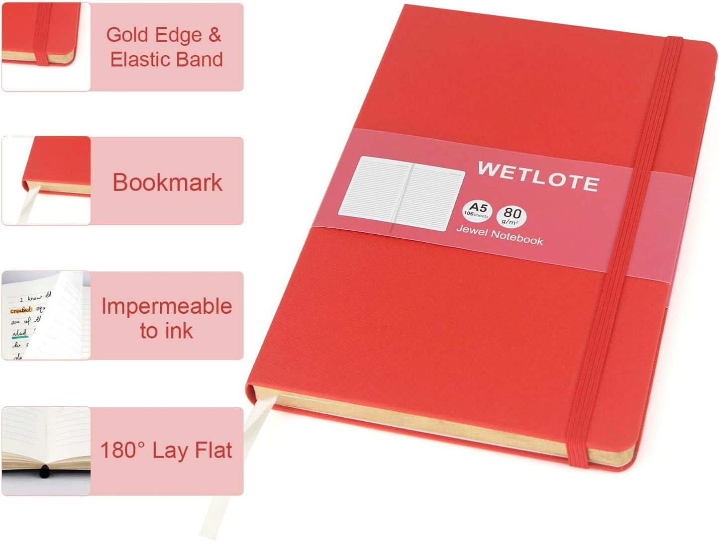 Line Hardcopy Notebook - 5"x8"- Sourced from sustainable and excellent quality paper, minimalist, natural, portable and flexible design, suitable for office, school(red)