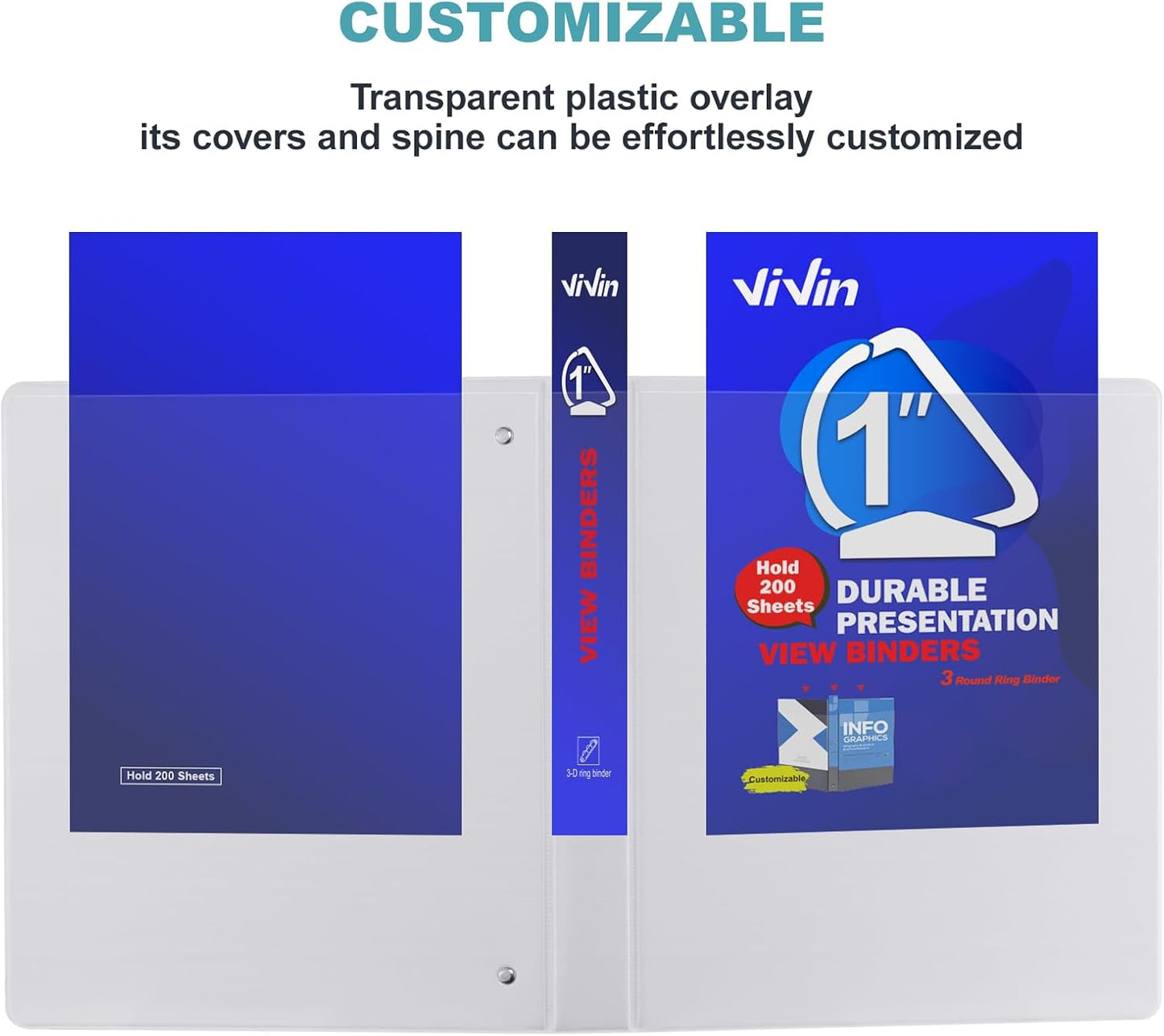 3 Ring Binder 1-1/2 Inch, ViVin Sturdy 1.5"-Slant D Ring Binder with 2 Interior Pockets, Clear View Cover, PVC-Free, Fits 350 Sheets of US Letter Size Paper (6 Pack, White)