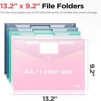 Sooez 10Pack Plastic Envelopes, Plastic File Folders, Clear Folders for Documents Trendy Colors, Super Heavyweight Document Holders, Storage Pouches, File Envelopes for School Office Supplies