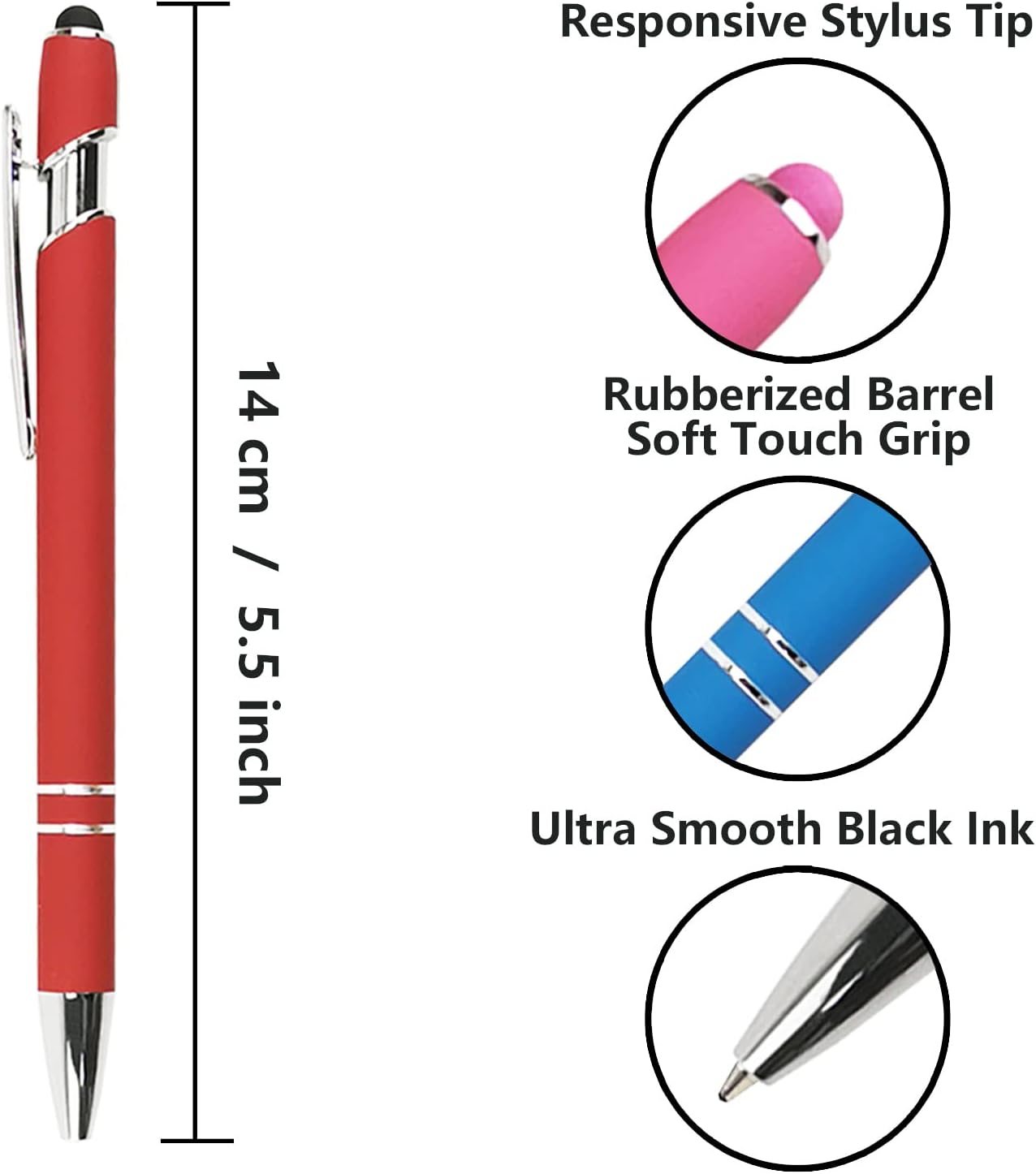 Oddmoal Ballpoint Pen with Stylus Tip, Soft Touch Click Metal Pen, 1.0mm Medium Point, Black Ink, 12 Count(Black)