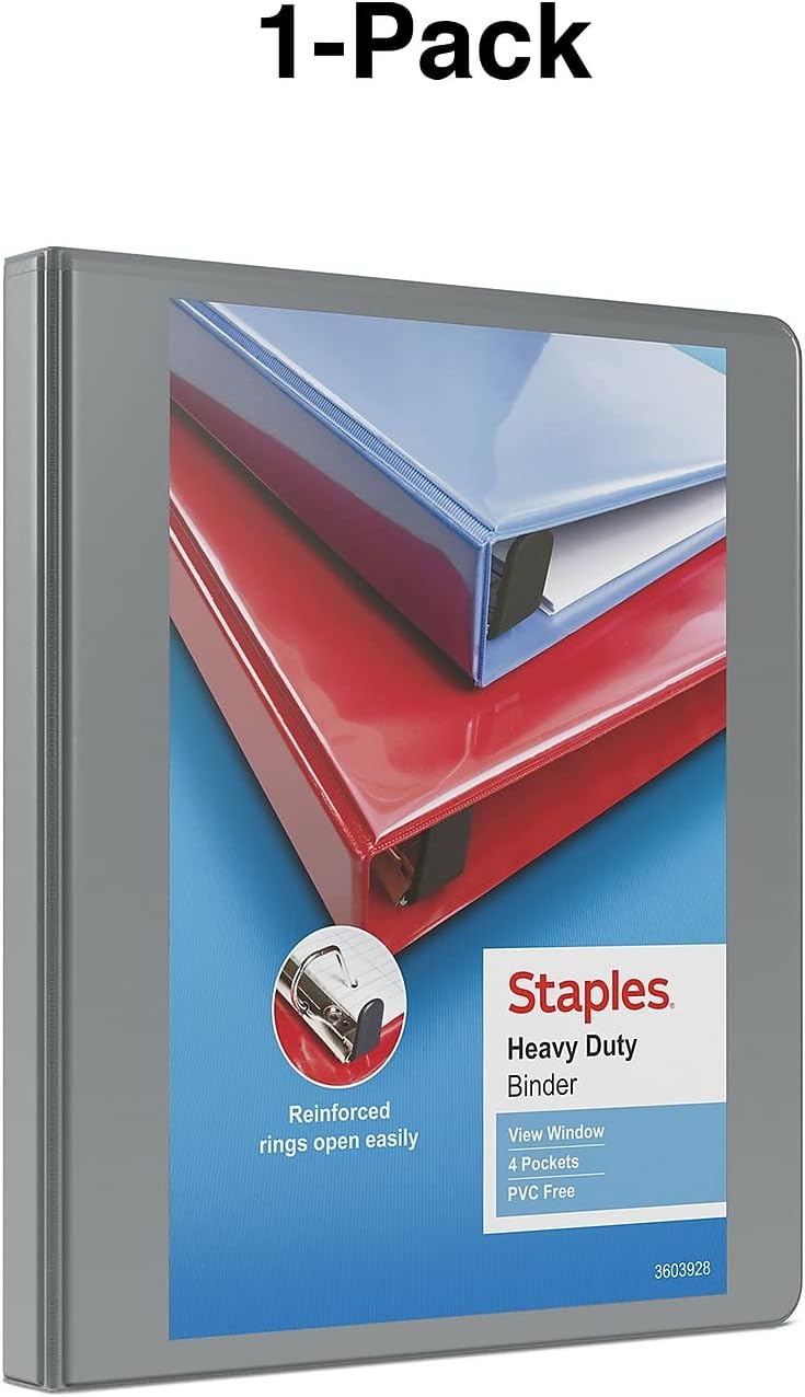 Staples Heavy-Duty 2-Inch D-Ring View Binder, Reinforced Spine, Holds Up to 450 Sheets, Gray, for Office & School