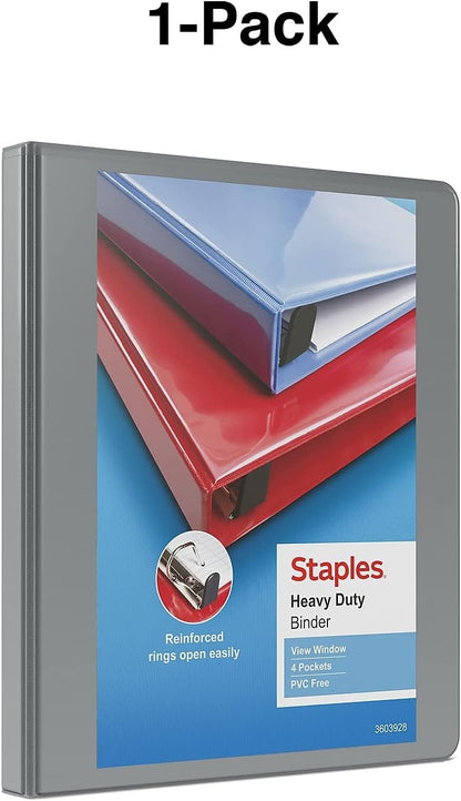 Staples Heavy-Duty 2-Inch D-Ring View Binder, Reinforced Spine, Holds Up to 450 Sheets, Gray, for Office & School