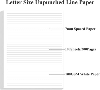 Unpunched Line Paper - 100 Sheets/200 Pages Loose Leaf Paper Line Refills, Letter Size, 100gsm, White, 8.5" x 11"