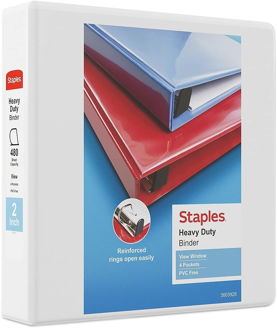 Staples Heavy-Duty 2-Inch D-Ring View Binder, Reinforced Spine, Holds Up to 450 Sheets, Gray, for Office & School