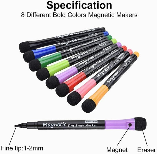 LivDeal Magnetic Dry Erase Markers - Fine Tip, Assorted Colors, 8 Pack, Low Odor Whiteboard markers for kids, Work On White board & Calendar, Refrigerator, (OF038)