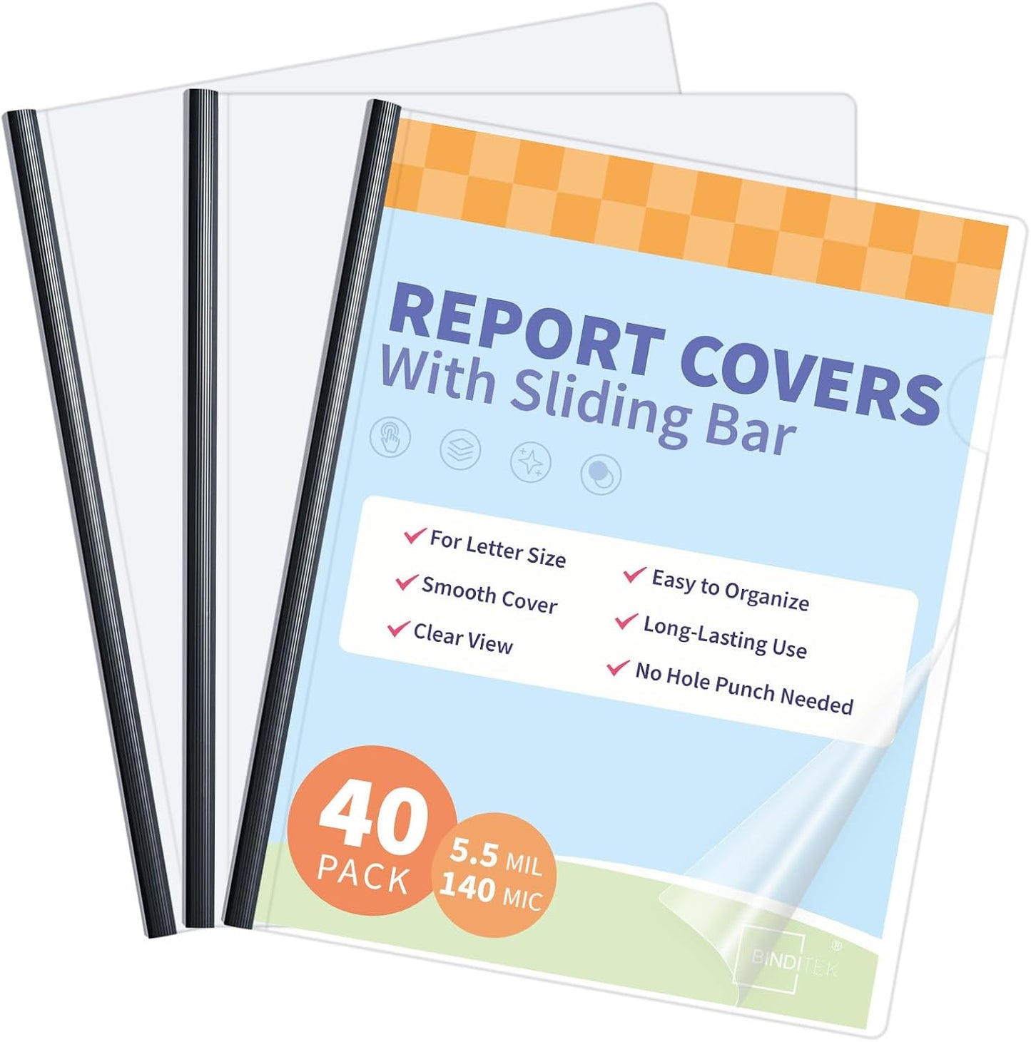 Binditek 12 Pack Clear Report Covers with Black Sliding Bars, 70 Sheet Capacity, 9mm Binding Bars, Letter Size, 5.5 Mil Thick, Black, for Students and Coworkers
