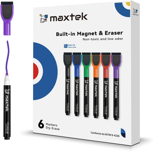 maxtek Magnetic Dry Erase Markers with Eraser - 12 Count Colorful Fine Tip Whiteboard Markers for Kids, Low Odor Whiteboard Markers for Calendar Boards White Board