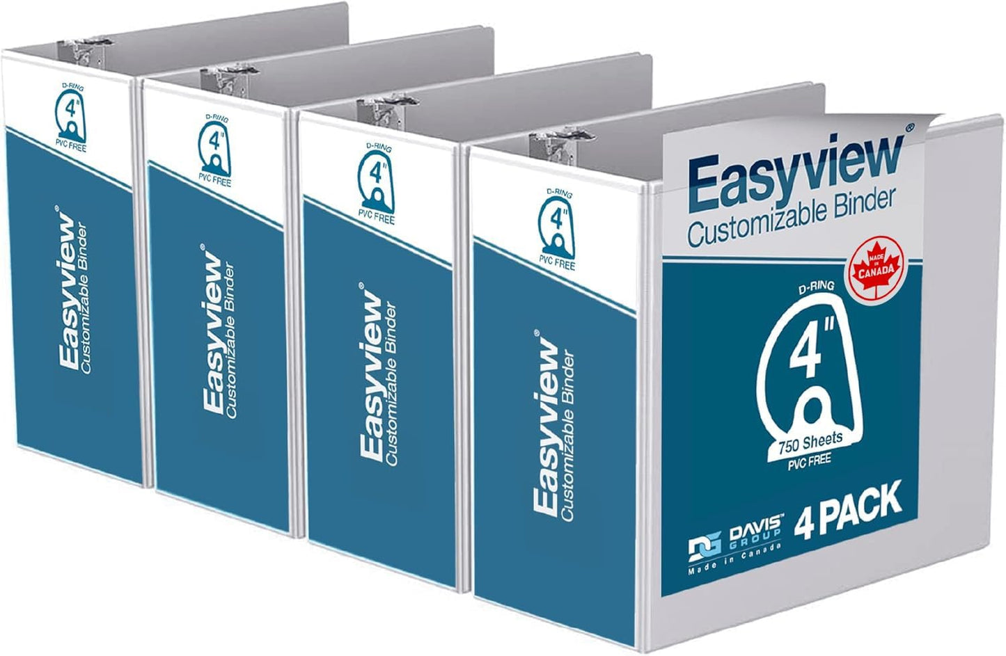 Easyview Premium 3-Ring Binders with Clear-View Covers and D Rings, Binders for School or Office, 5 Inch, Pack of 4, White