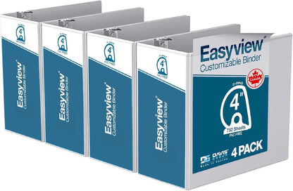 Easyview Premium 3-Ring Binders with Clear-View Covers and D Rings, Binders for School or Office, 5 Inch, Pack of 4, White
