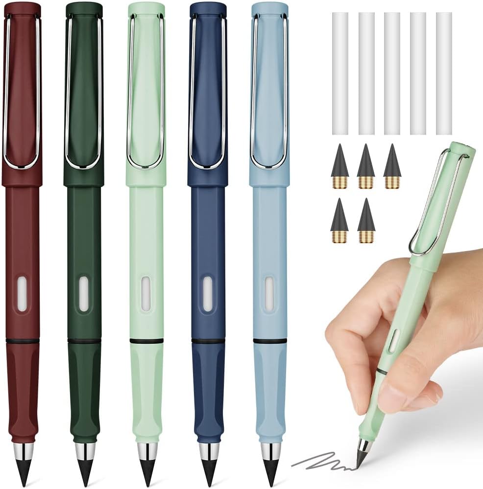 Ainiv Inkless Pencil with Eraser - 5 Sets Infinity Pencil, Reusable with Extra 5 Eraser & 5 Replaceable Nibs for Home, Office & School Writing, Drawing